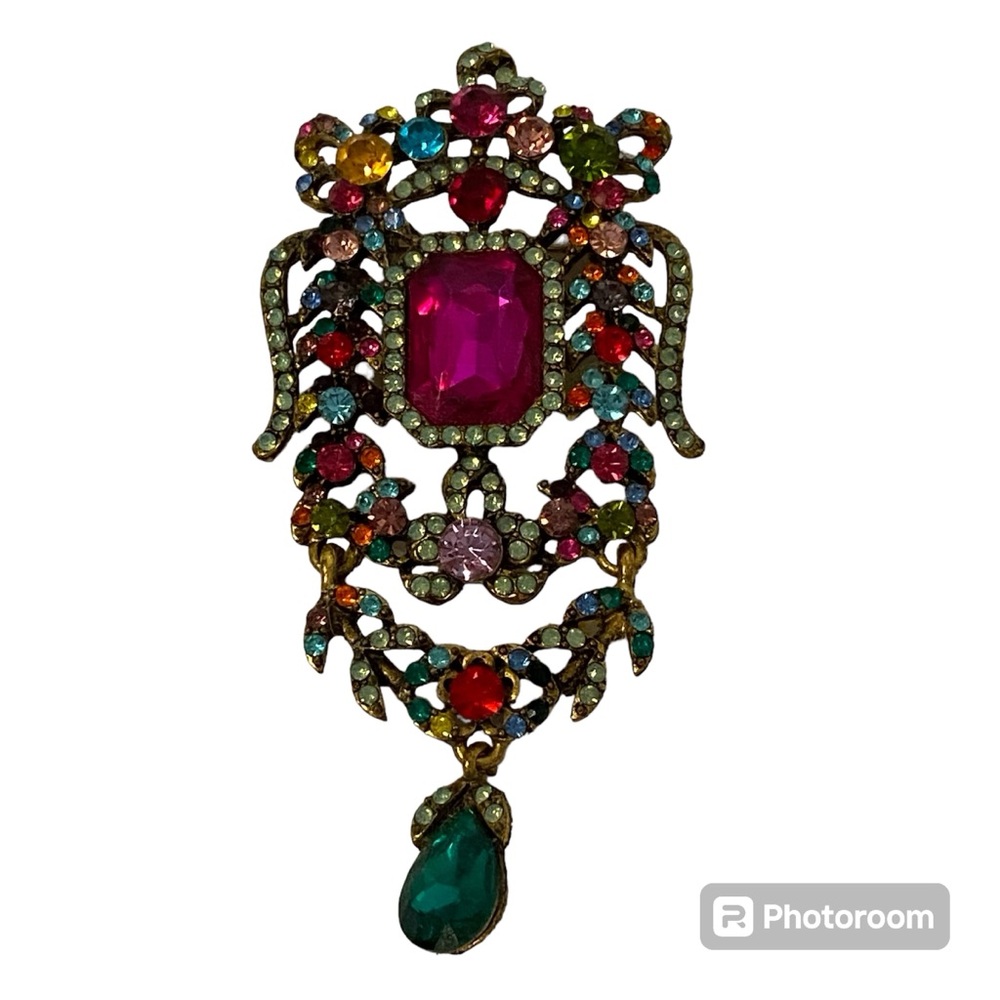 BROOCH MULTI COLOR CRYSTAL RHINESTONE HINGED VICTORIAN LOOK GREEN PEAR DROP 3.75